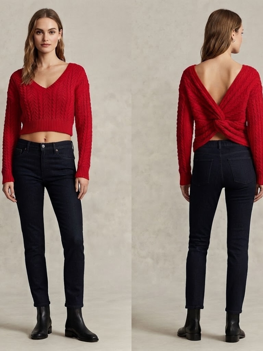 Y2K Jesica Simpson Women’s Red V‑Neck Cable Knit Crop Sweater Size S